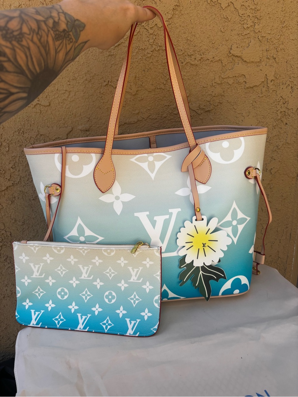 Louis Vuitton Blue Gradient Monogram Neverfull Tote with Pouch and Floral Charm